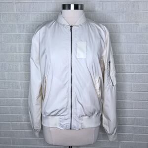 JOA Womens Large L Full Zip Bomber Jacket Cream Off White Casual Zippered Detail